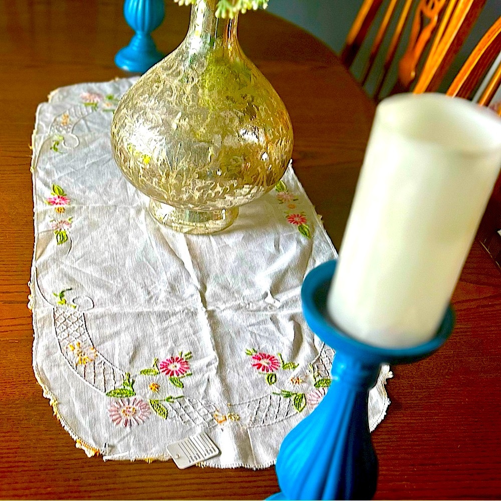 Vintage Hand Embroidered Oval Table Scarf Table Runner 38 inches Spring